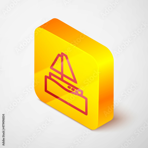 Isometric line Yacht sailboat or sailing ship icon isolated on grey background. Sail boat marine cruise travel. Yellow square button. Vector