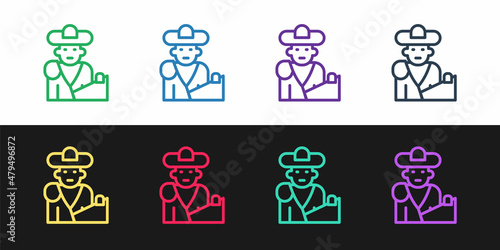 Set line Spain bullfight, matador icon isolated on black and white background. Traditional Spanish entertainment. Vector