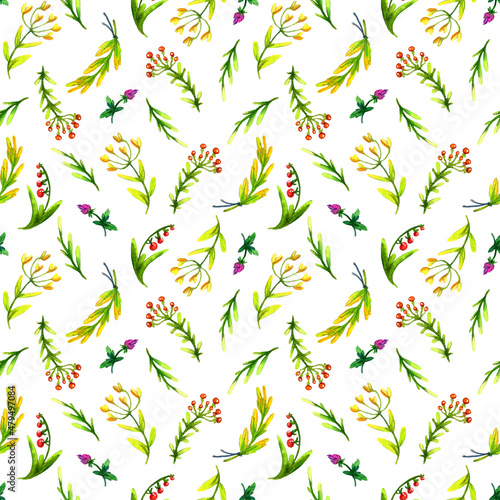 seamless watercolor pattern of wildflowers, herbs and berries