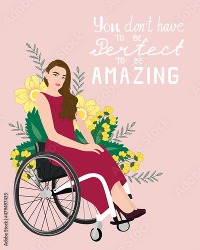 Greeting card with woman in wheelchair. Disabled woman in dress. Body positive concept. Vector illustration 