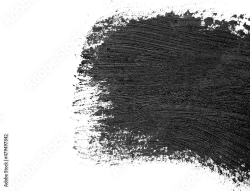 Black brush strokes oil paints on white paper. Isolated on white background. Abstract art creative background. Space for text. Artist texture line painted brush black acrylic close-up. Copy space