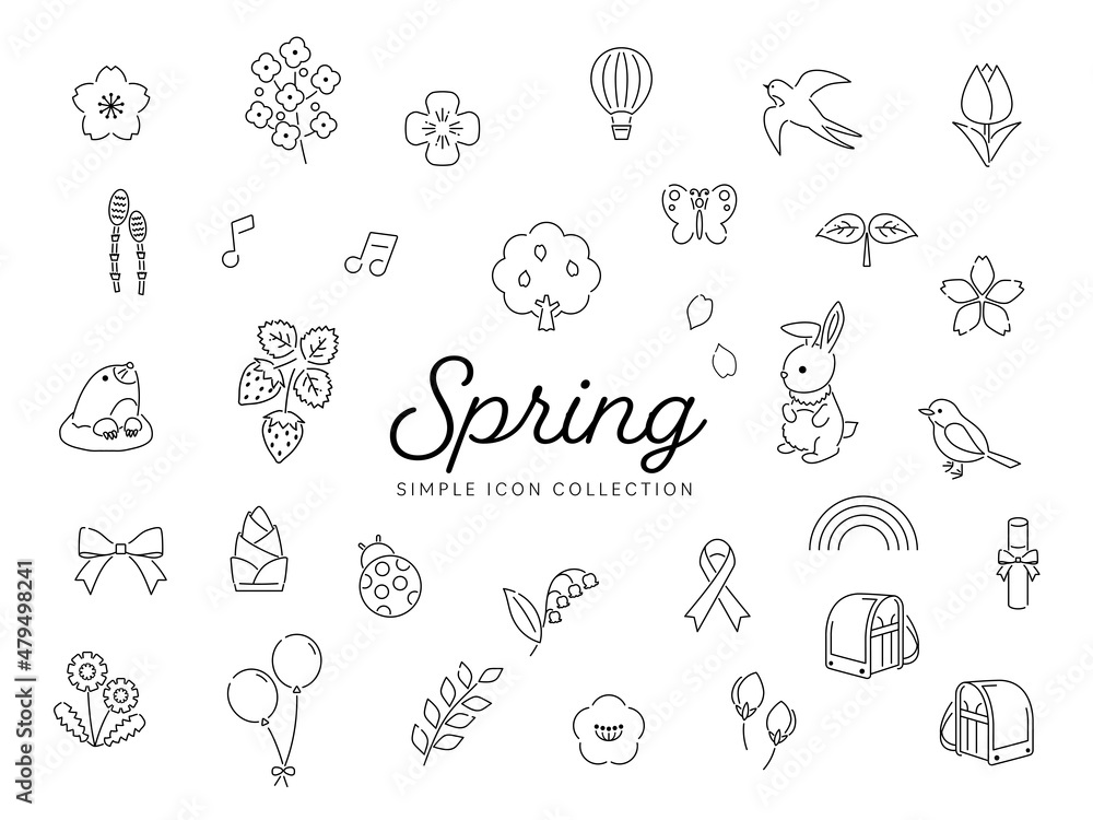 春のシンプルな線画アイコンセット01 桜 花 自然 動物 イラスト オープンパスあり モノクロ Stock Vector Adobe Stock