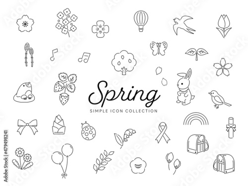 春のシンプルな線画アイコンセット01 / 桜、花、自然、動物、イラスト / オープンパスあり / モノクロ