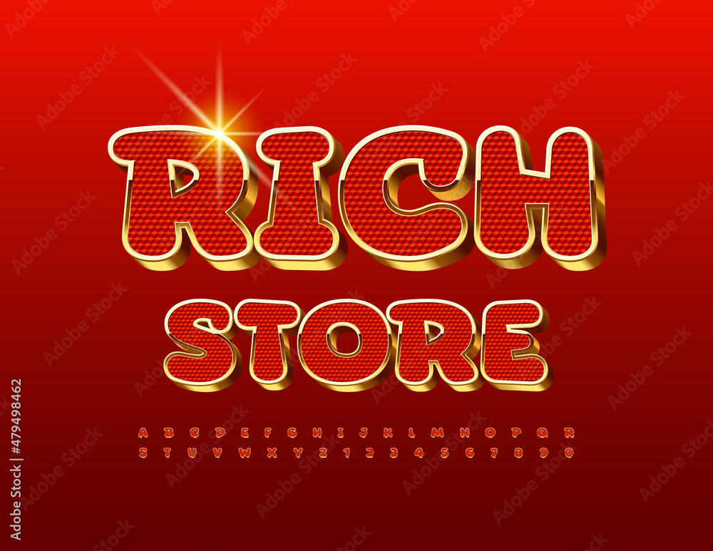 Vector premium Sign Rich Store.  Luxury Unique Red and Golden Font. Chic Alphabet Letters and Numbers