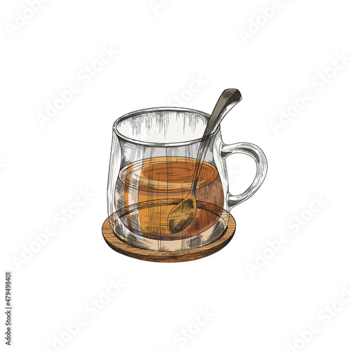 Brown or red tea in a glass cup with spoon in it standing on saucer or wood coaster, color vintage sketch illustration.