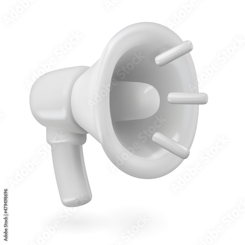 White megaphone 3d realistic icon. Speakerphone with sound waves isolated on white background. Vector speaker illustration