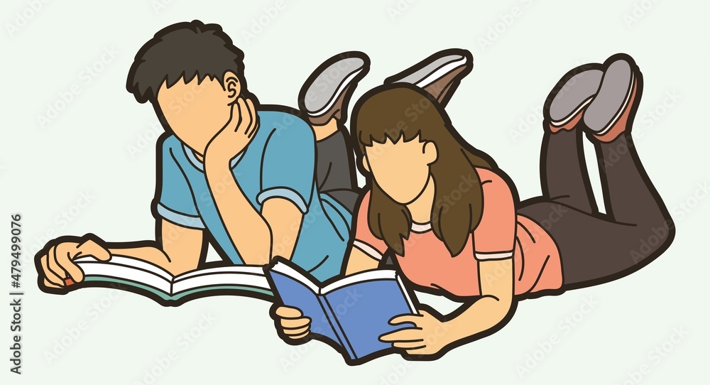 Fototapeta premium Group of Children Reading Books Together Cartoon Silhouette Graphic Vector