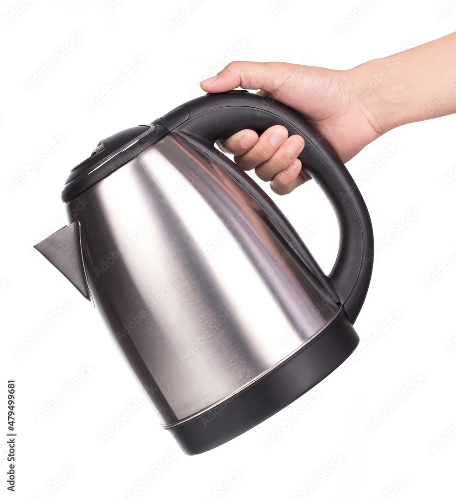 Hand holding Modern electric kettle isolated on white background. Hand holding Modern electric kettle isolated on white background.