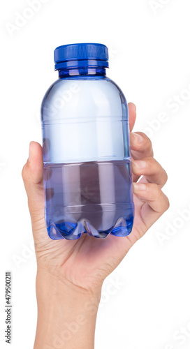 hand holding plastic water bottle isolated on white background.