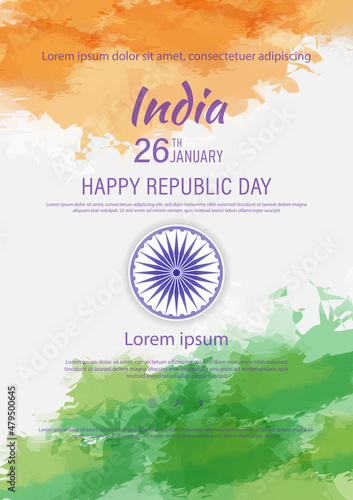26 th January Indian Republic Day vector illustration background brochure template with Indian flag and silhouette of India monument.