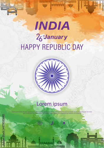 26 th January Indian Republic Day vector illustration background brochure template with Indian flag and silhouette of India monument.