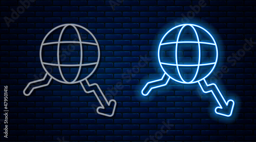 Glowing neon line Global economic crisis icon isolated on brick wall background. World finance crisis. Vector