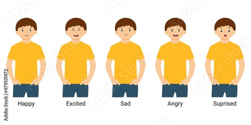 Cute  boy emotions set.Happy,excited,sad,angry,suprised. Vector illustration,isolated