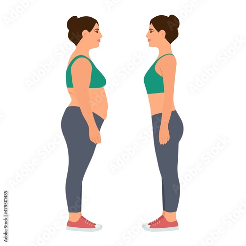 Young woman with overweight and slim body in sportswear. Before and After Weight Loss. Vector illustration Isolated on white.