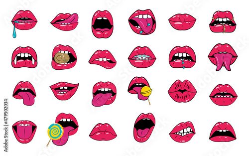 Big set of Woman lips pop art retro style