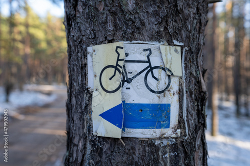 znak niebieskiej ścieżki rowerowej w zimowym lesie zbliżenie
