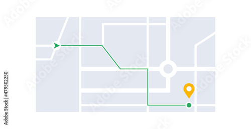 City navigation map, screen of the current location, route and distance to gps point. Map, street, address, gps, city, point, road. Vector illustration isolated on white background.