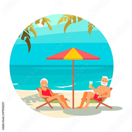 Round icon summer activity. Elderly people characters on a loungers