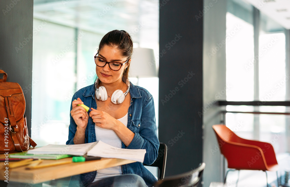 Fototapeta premium Portrait of happy young female student taking notes from a book at college library.