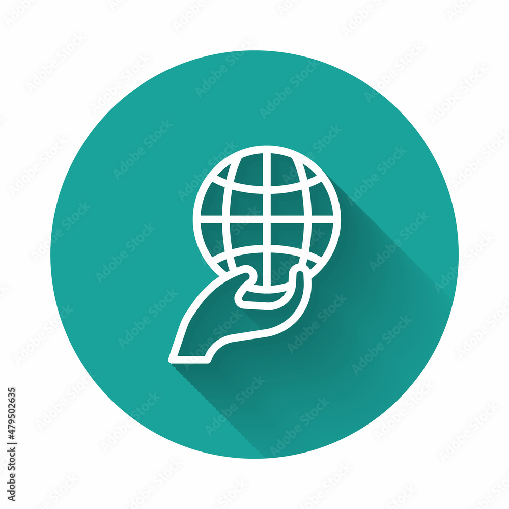 White line Human hand holding Earth globe icon isolated with long shadow background. Save earth concept. Green circle button. Vector