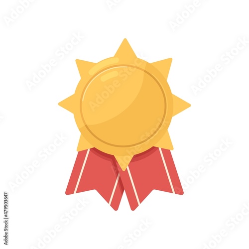 Gold medal award with ribbon. Golden badge reward. Best and premium quality symbol. Gilded emblem. Military medallion. Shiny winners label. Flat vector illustration isolated on white background