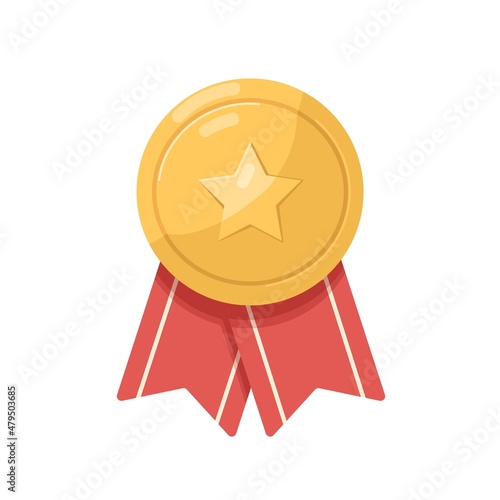 Gold badge with hero star and red ribbon. Golden medal, military award. Pride and honor, abstract heroic reward for victory. Flat vector illustration of medallion isolated on white background