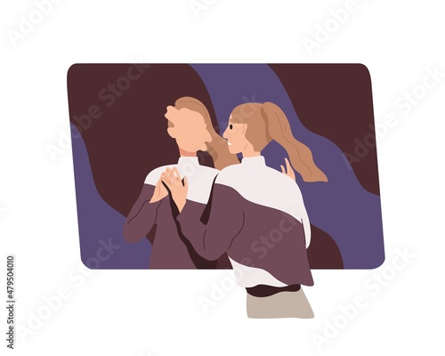 Psychology, distorted self-perception concept. Woman with mental disorder, derealization or depersonalization, looking at mirror reflection. Flat vector illustration isolated on white background photo