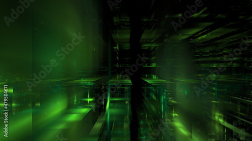 Hi tech digital interior Abstract data center server, business technology blured Polygonal geometric space, 3D render © angel_nt