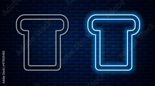 Glowing neon line Bread toast for sandwich piece of roasted crouton icon isolated on brick wall background. Lunch, dinner, breakfast snack. Vector