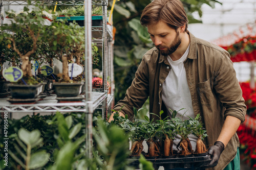 Man florist working in green house