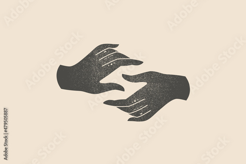 Silhouette of two hands drawn with a stamp effect. Silhouette vector illustration on a light isolated background. Design elements for shop, market, packaging, labels, and logo.