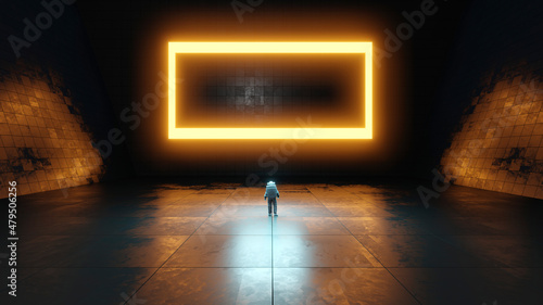 Three dimensional render of astronaut standing in front of large rectangle glowing inside dark empty interior photo