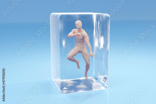 Three dimensional render of male character frozen inside cryogenic cube photo