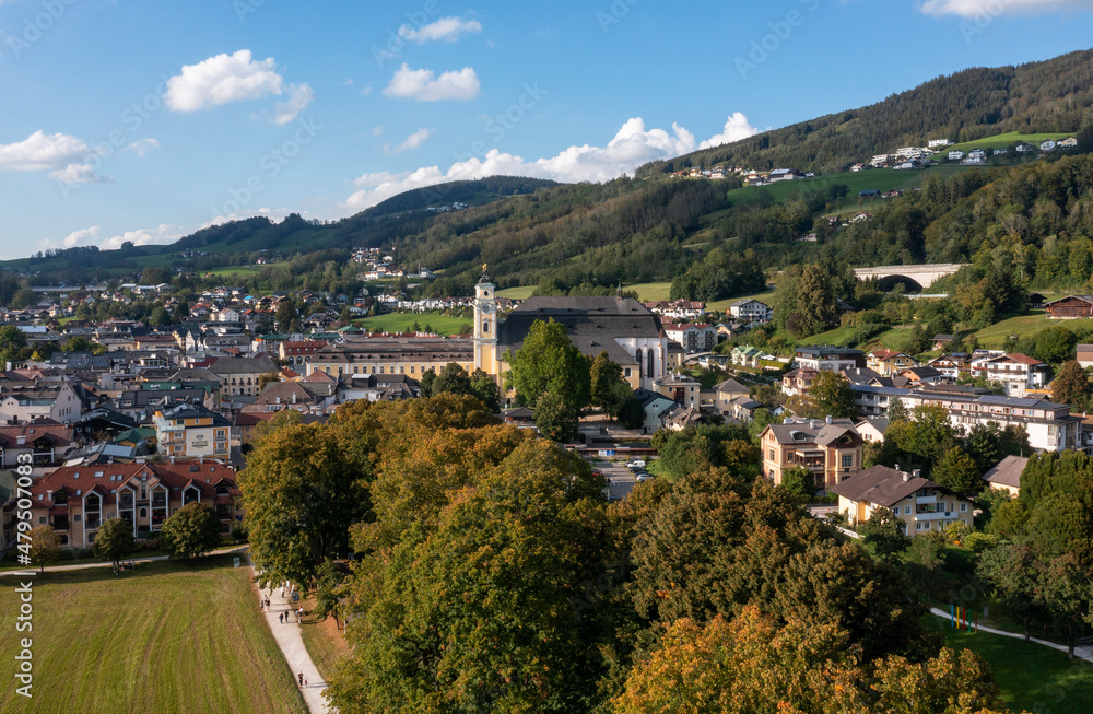 Austria, Upper Austria, Mondsee, Drone view of town in Salzkammergut during summer Austria, Upper Austria, Mondsee, Drone view of town in Salzkammergut during summer