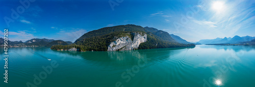 Austria, Salzburg, Drone panorama of Lake Wolfgang and Falkensteinwand photo