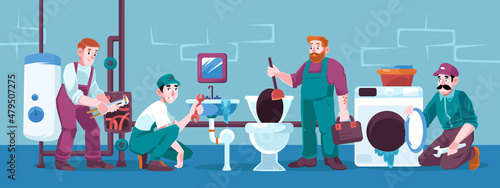 Plumbers repair broken plumbing and technics sink, leakage, toilet bowl, heater, washing machine and pipes. Handymen service, call masters with tools fix home appliances, Cartoon vector illustration