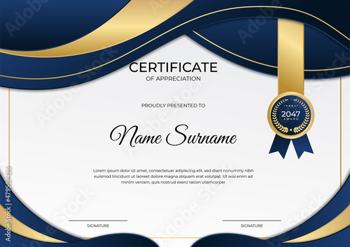 Luxury shine golden blue certificate design template