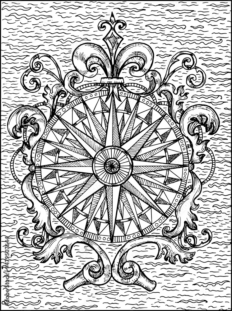Black and white illustration of compass or wind rose decorated with ...