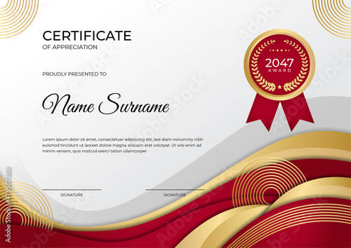 Modern employee golden red certificate design template