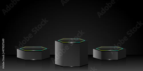 Podium with neon light in dark black room. Hexagonal pedestals for product presentation. Modern abstract technology background. Vector illustration EPS 10