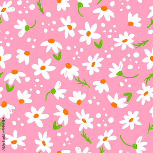 pink floral background with white daisies. seamless pattern
