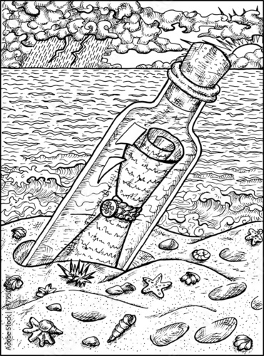 Black and white illustration of glass bottle with letter inside on the sea shore.