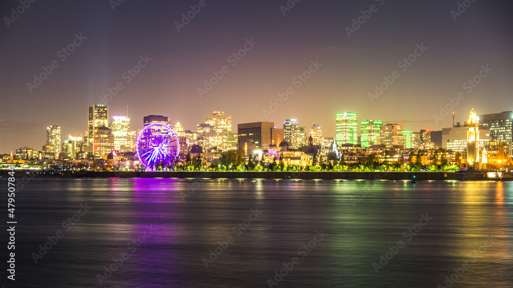View on Montreal skyline by night from the Jean Drapeau park on St Helen Island