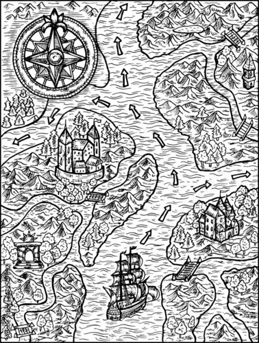 Black and white illustration of old pirate map of treasure hunt with sailing ship, compass and unknown land.