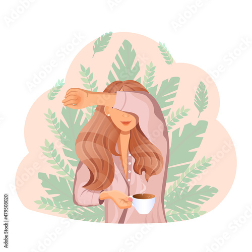Young red haired girl with a cup of coffee in the morning on a background of leaves. Good morning. Vector illustration of a sleepy woman in pajamas for advertising, postcard, poster. Cartoon style.