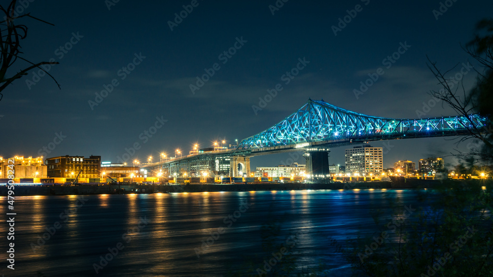 View on Montreal skyline, Molson factory and Jacques Cartier bridge by night from the St Helen island View on Montreal skyline, Molson factory and Jacques Cartier bridge by night from the St Helen island