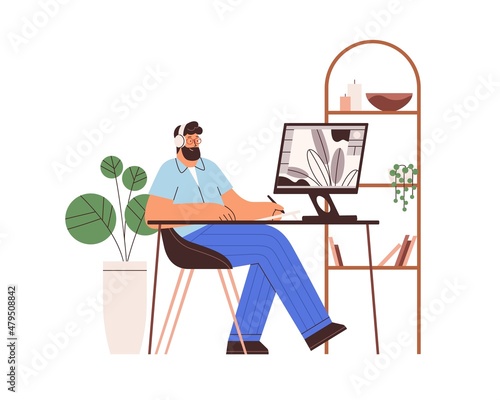 Graphic designer work at desk with computer and tablet. Digital design artist drawing with stylus. Creator at workplace. Flat vector illustration of man illustrator isolated on white background