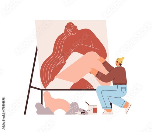 Artist making collage picture, composing it with papers and scissors. Person ...