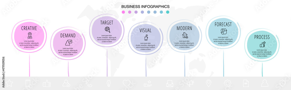 Vector hand-drawn infographics with 7 circles and icons. Modern concept chart process template with seven steps and symbols. Sketch timeline for business project on white background Vector hand-drawn infographics with 7 circles and icons. Modern concept chart process template with seven steps and symbols. Sketch timeline for business project on white background