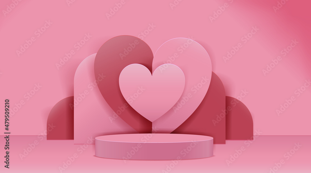 Valentine's Day Concept. Paper cut style heart shape. Podium design